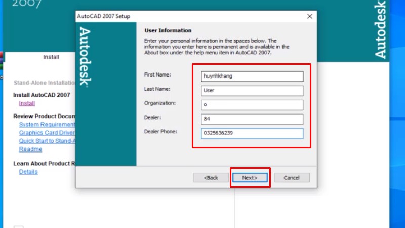 Tải AutoCAD 2007: Hướng Dẫn Cài Máy Cấu Hình Thấp 18 Điền thông tin của mình